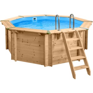 Holzpool Set Java, ø 3,55 m, mit Leiter und blauem Innenbecken.