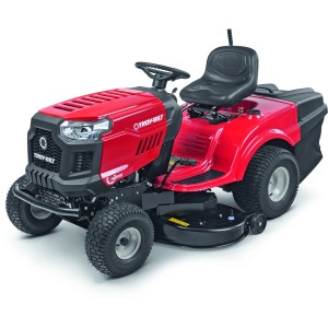 Roter Troy-Bilt Rasentraktor Horse 105T-R mit Heckauswurf und Grasfangkorb.