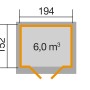 Grundriss Holz-Gartenhaus 325: 200x198 cm, Pultdach, unbehandeltes Holz, 6 m³ Volumen.