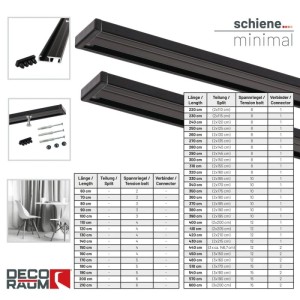 Schwarze, 1-läufige Deco-Raum Gardinenschiene aus Aluminium zur Deckenmontage, minimalistisch, mit Zubehör.