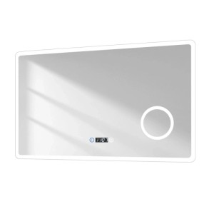 Rechteckiger Emke Badspiegel 100x60 cm mit LED-Beleuchtung, dimmbar, Touch-Schalter und digitaler Uhranzeige.