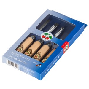 Kirschen Kerbschnitzsatz, 4-teilig im blauen Set-Karton mit Holzgriffen und Stahlklingen.