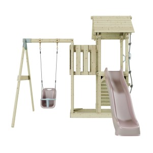 PolarPlay Babyschaukel Bergen in Altrosa mit Spielturm und Rutsche.