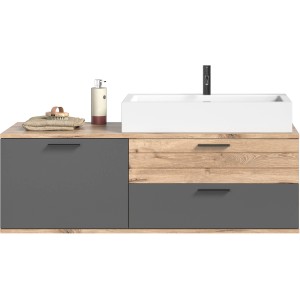 Waschbeckenunterschrank Mason grau 140 cm mit Aufsatzwaschbecken in Weiß.