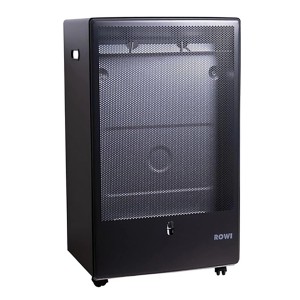 Schwarzer Rowi Gas Heizofen Blue Flame 4,2 kW mit Rollen und Gitterfront.