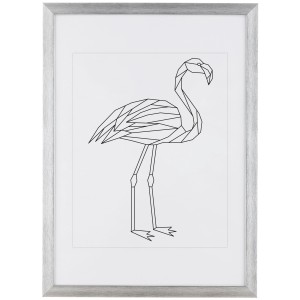 Silberner Bilderrahmen 50x70 cm mit Passepartout und geometrischem Flamingo-Motiv.