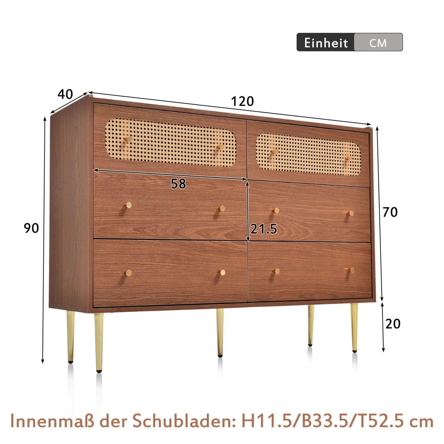okwish Kommode mit Schubladen Rattan Sideboard Schlafzimmer Wohnzimmer 90x120x40cm Nussbaum_5