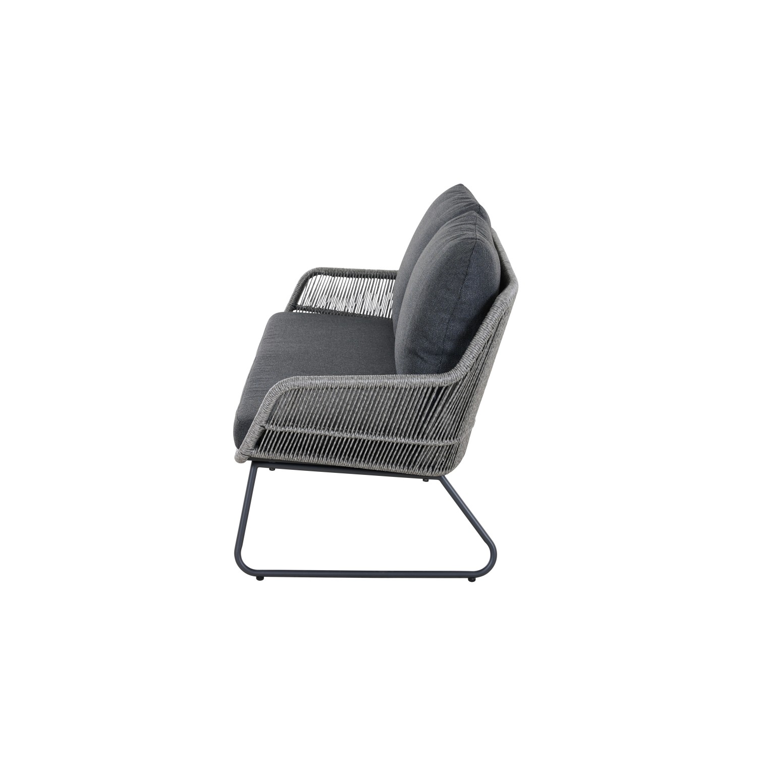 Graues Siena Garden 2-er Loungesofa Kansas mit Kissen, seitliche Ansicht. Gartenbank für 2 Personen.