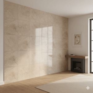 Verlegtes Feinsteinzeug EcoCerram Alpen Brown, 60x60 cm, mit Marmor-Optik im Raum.