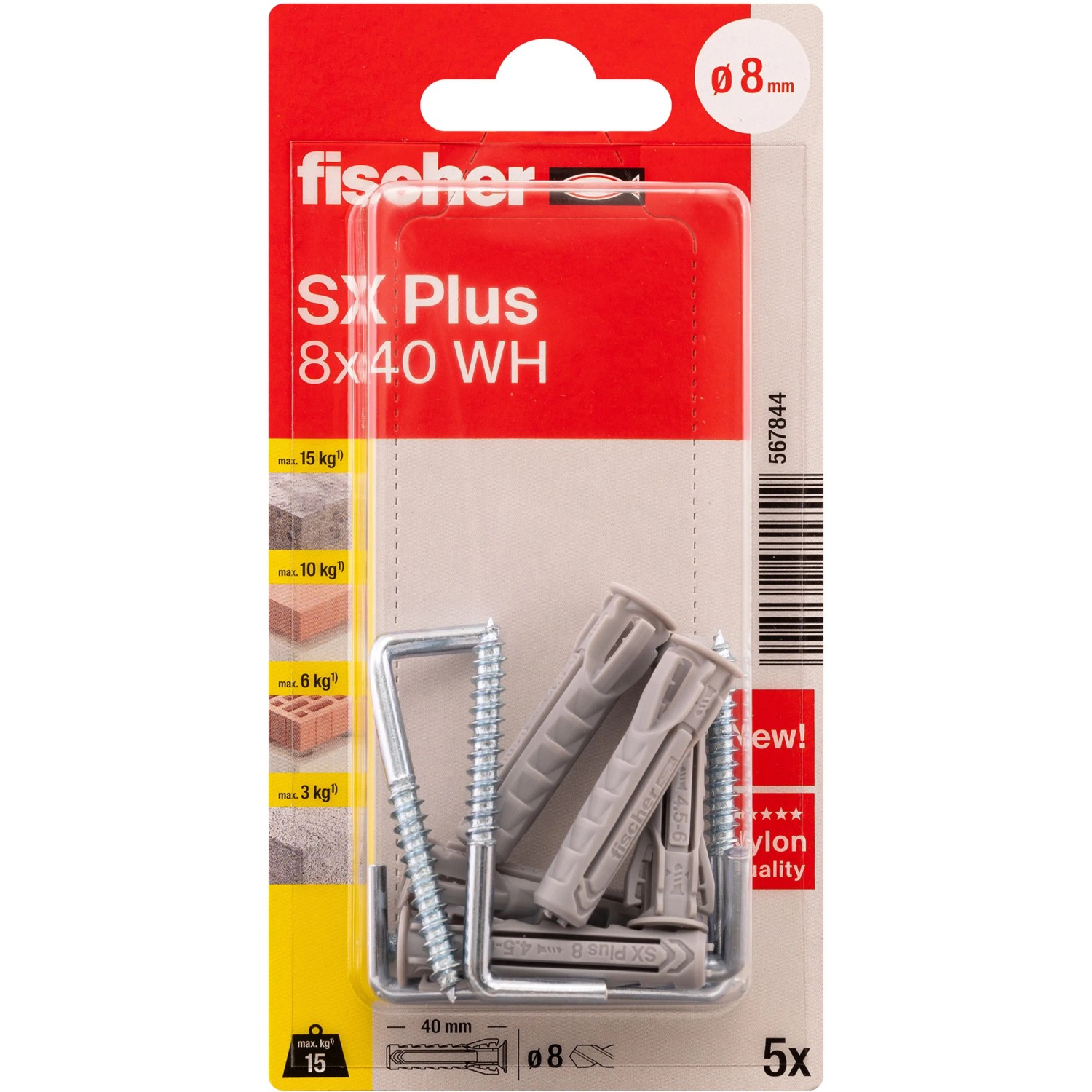 Fischer Spreizdübel SX Plus mit Winkelhaken, 8x40 mm, 5er-Pack