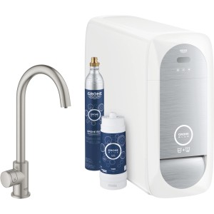 Grohe Blue Home Mono Starter Kit Supersteel: Einhebelmischer, Kühler, CO2-Flasche und Filter im Set.