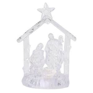 Transparentes Acryl Krippen-Set mit LED-Beleuchtung. Maria, Josef und Jesuskind unter einem Stern. Weihnachtsdekoration.