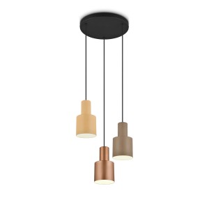 Trio Pendelleuchte Agudo, 3-flammig, Multicolor: Hängelampe mit Schirmen in Beige, Braun und Kupfer.
