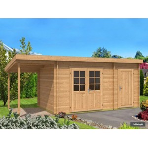 Holz-Gartenhaus Alpholz Maria-28 mit Schleppdach, naturbelassen, mit Doppeltür und Einzeltür.