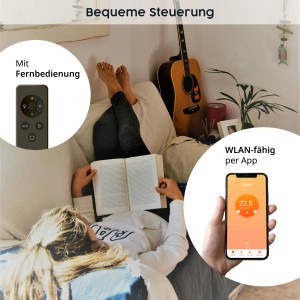 Könighaus Infrarotheizung: Frau liest entspannt, Steuerung per App und Fernbedienung im Bild.
