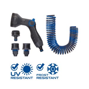 LUX-TOOLS Brausenset mit Spiralschlauch, 5 Strahlarten, für flexible Gartenbewässerung.