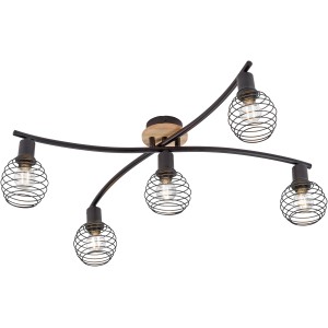 Just Light Spot Eugen, fünfflammige Deckenleuchte in Schwarz/Holz-Natur mit E14 Fassungen.