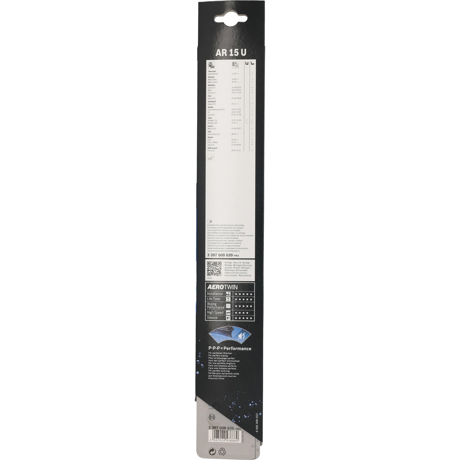 Bosch Aerotwin Single AR15U Scheibenwischer im Karton, für klare Sicht bei jedem Wetter.