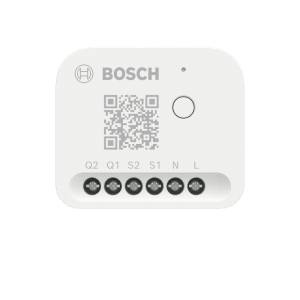 Weißes Bosch Smart Home Modul für Licht- und Rollladensteuerung mit QR-Code und sechs Anschlussklemmen.