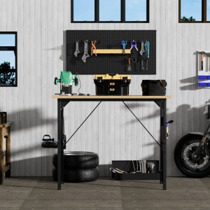 okwish Werkbank mit Lochwand Rollen AC/USB Für Garage 120x60x155cm Natur