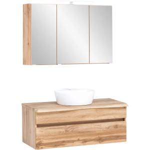 Held Möbel Waschtisch-Set Trient, 100 cm, Wotaneiche mit Aufsatzbecken und Spiegelschrank