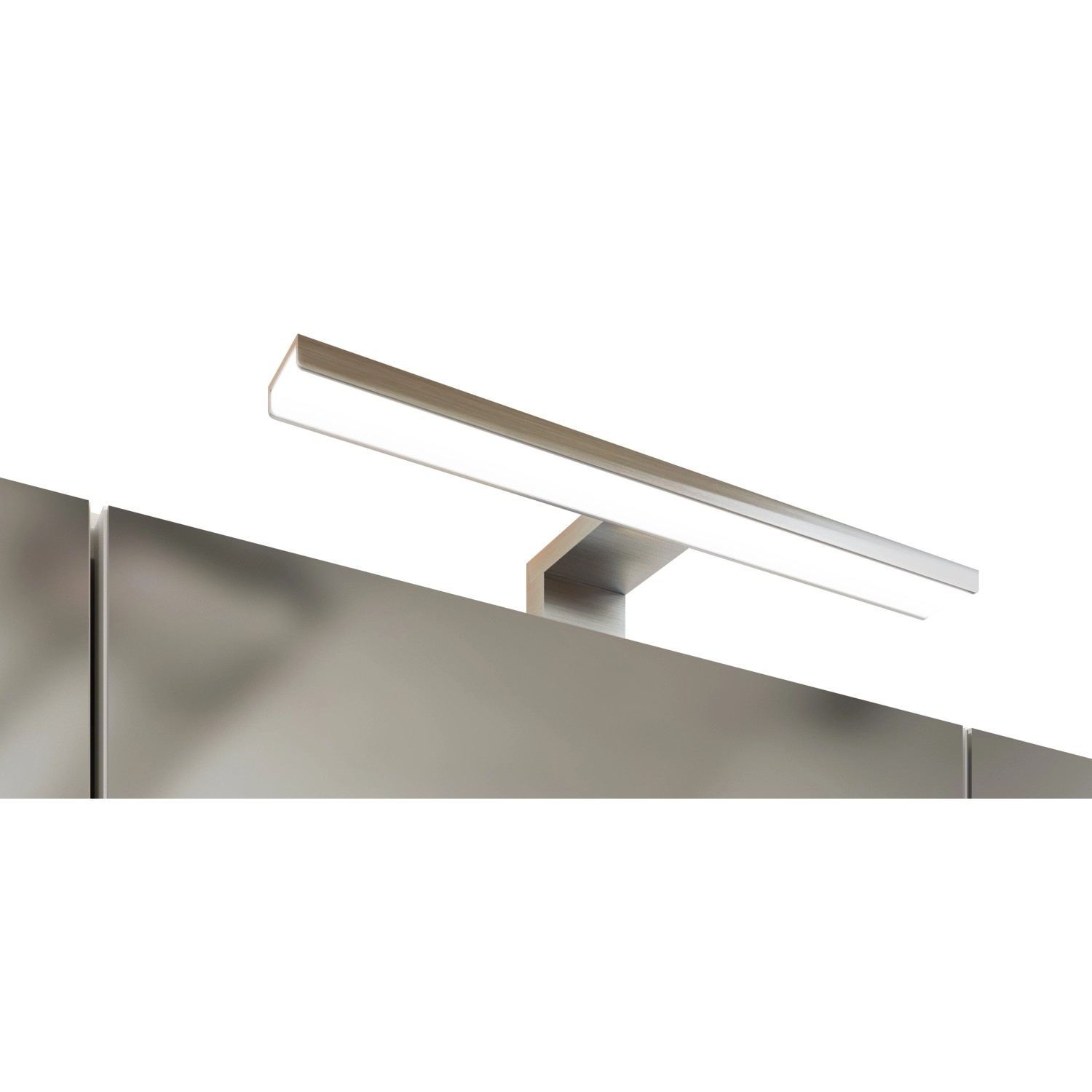 Detailaufnahme der LED-Aufbauleuchte des Held Möbel Ancona Badmöbel-Sets in Grau-Wotaneiche.