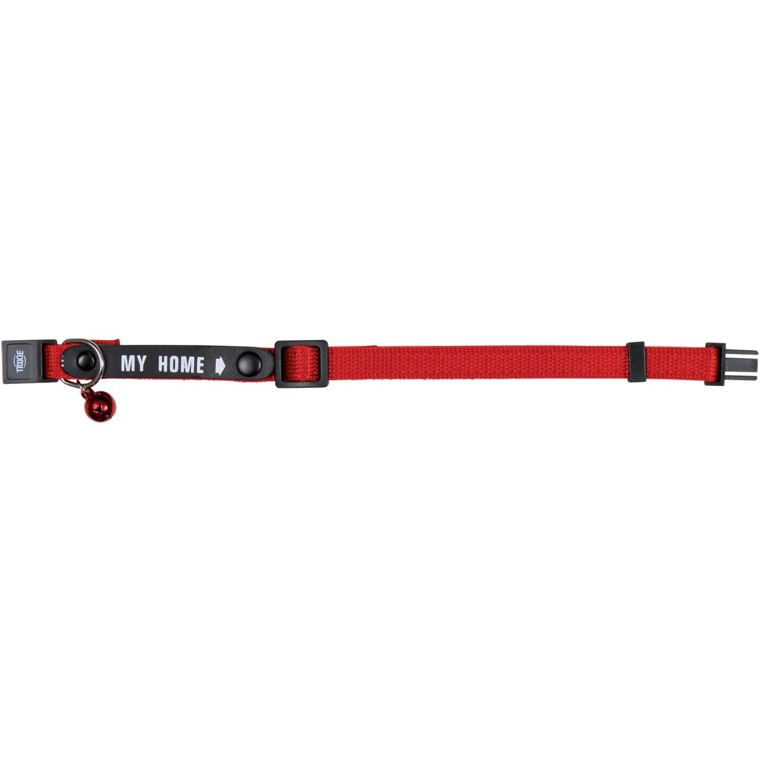 Rotes Trixie Katzenhalsband mit Adresslasche und Glöckchen aus Nylon.