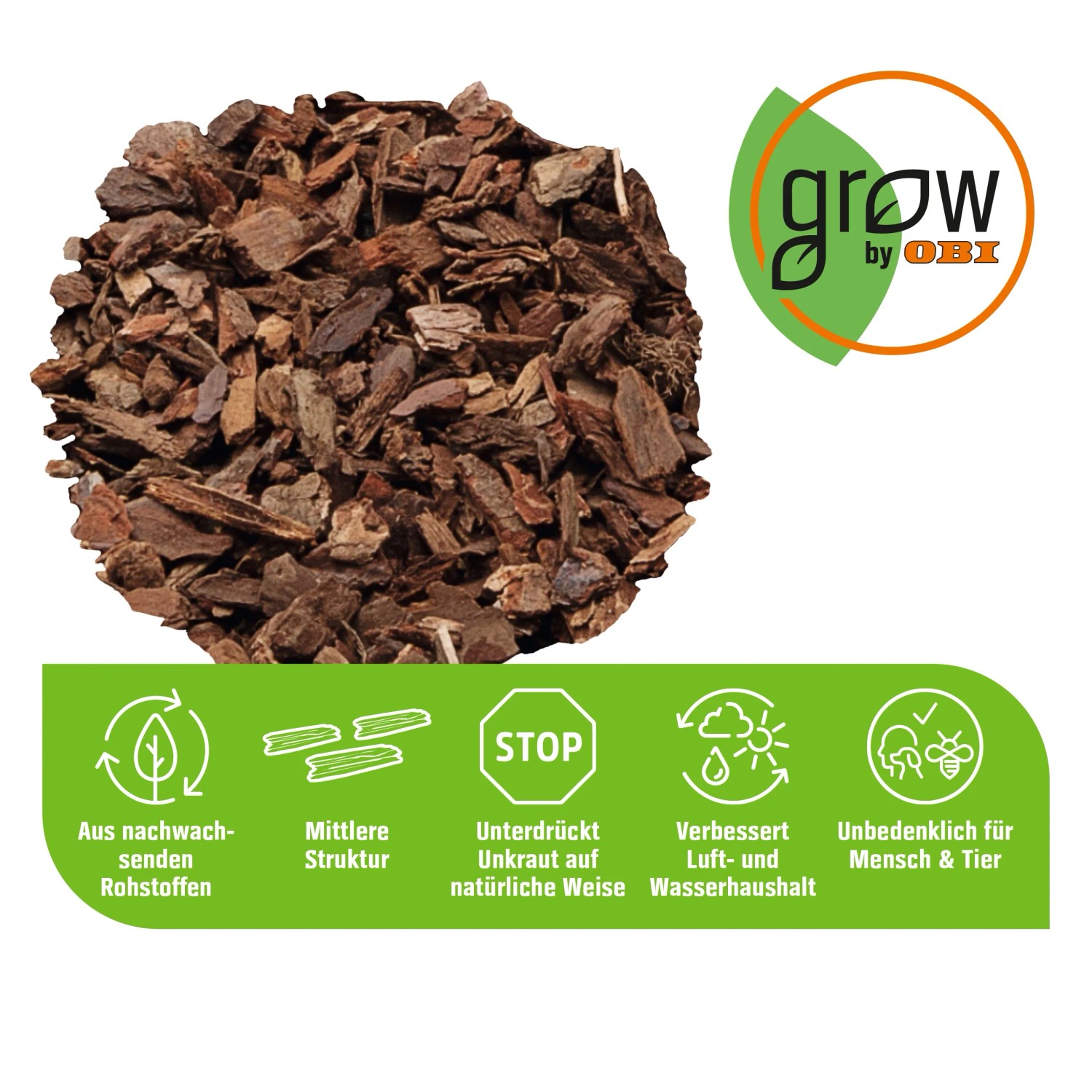 GROW by OBI Pinienrinde, mittelgrobe Struktur (15-25mm) zur Beetabdeckung und Unkrautunterdrückung.