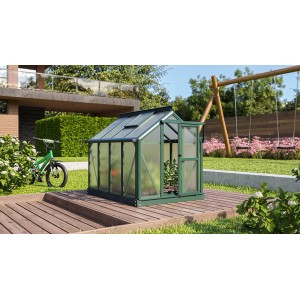 Vitavia Minigewächshaus Merlin Smaragd, 87x111cm, mit geöffneter Tür im Garten.