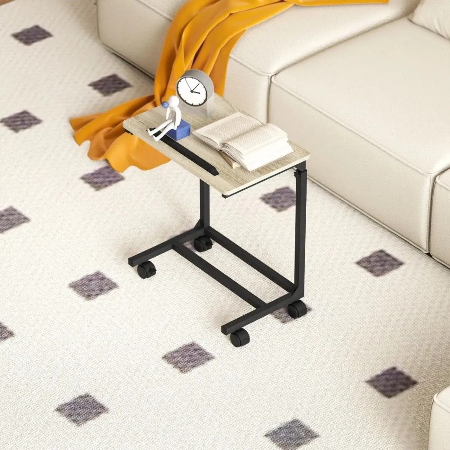 HOMCOM Beistelltisch Eiche, höhenverstellbar, mit Rollen, neben Sofa. Ideal als Laptoptisch im Wohnzimmer.