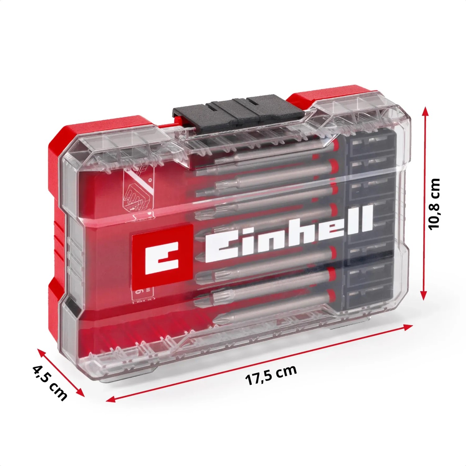 Einhell Bit-Set XS-Case, 30-teilig, mit transparentem Deckel und roten Akzenten.