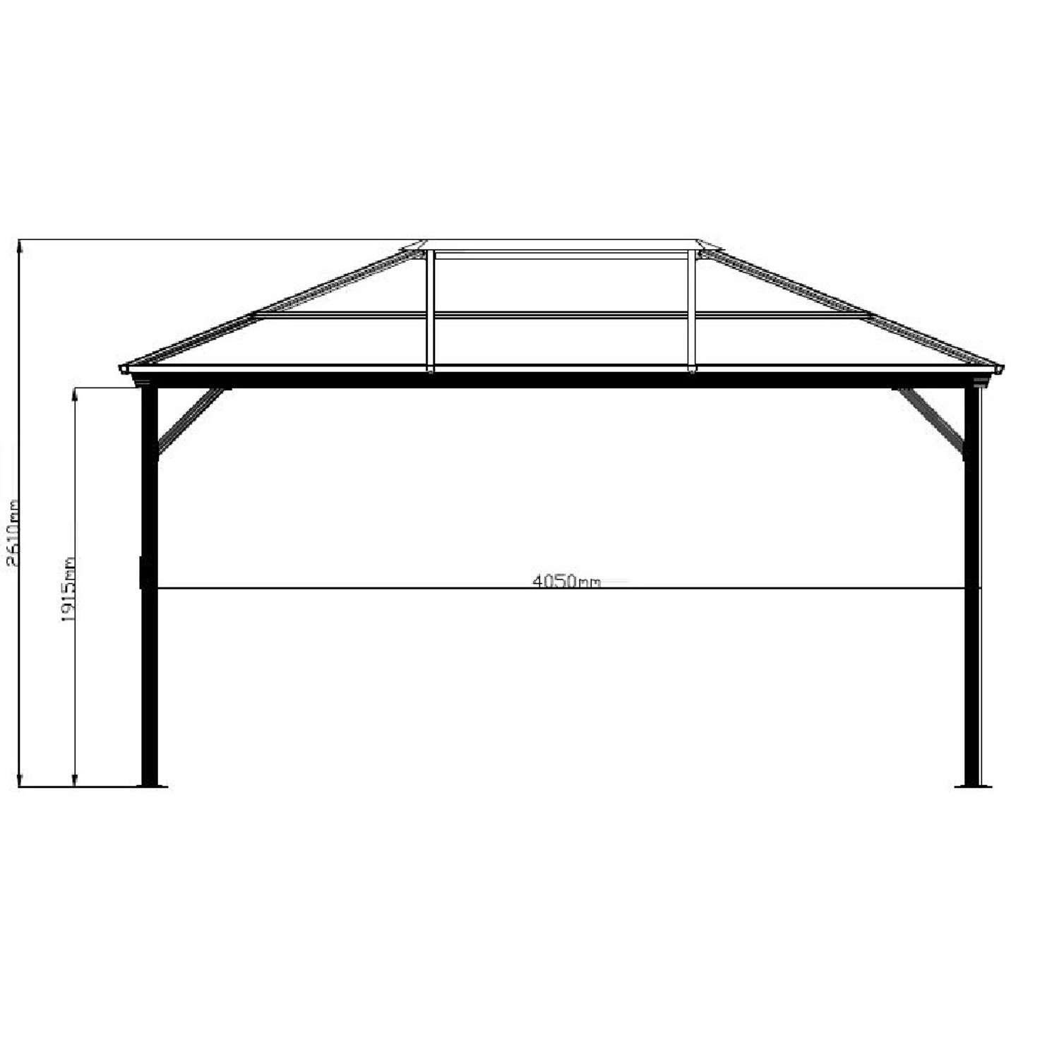 Technische Zeichnung des anthrazitfarbenen Sojag Aluminium-Pavillons Verona 10 x 14 mit Maßangaben.