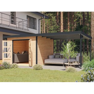 Karibu Gartenhaus Set Domingo A Naturbelassen-Anthrazit mit Anbaudach 7 m²