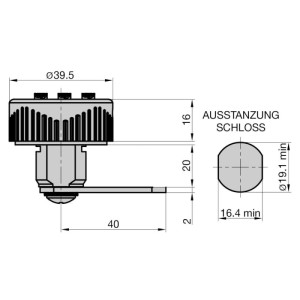 Technische Zeichnung: Basi Hebelschloss HS 362 mit Zahlenkombination für Spinde und Schubladen.