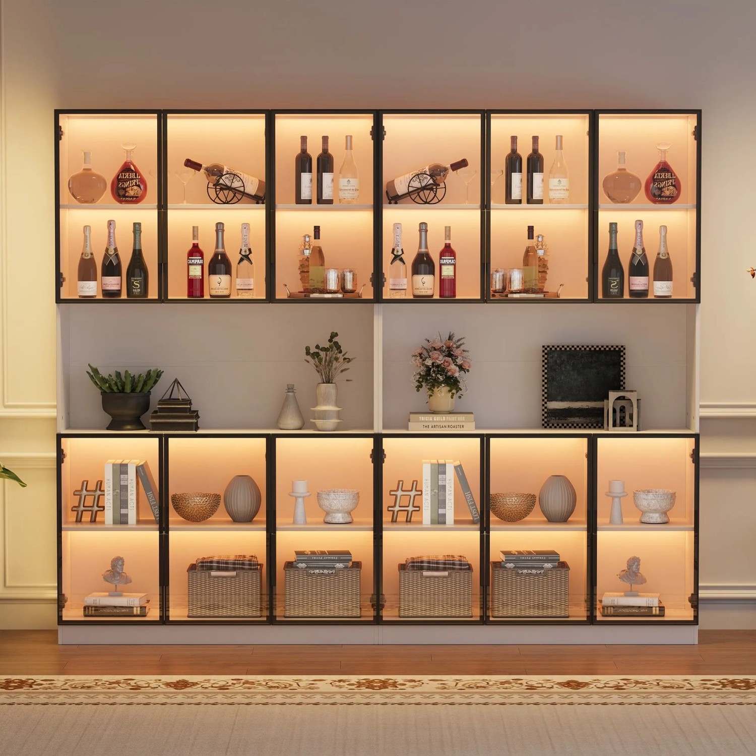 okwish Vitrine mit LED Beleuchtung Schranktüren Stauraum Wohnzimmer 240x34x200cm Weiß_3