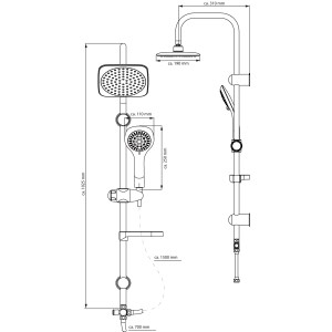 Technische Zeichnung: Eisl Duschtraum Überkopfbrause-Set mit Maßen, Chrom-Schwarz, für Bad und Dusche.
