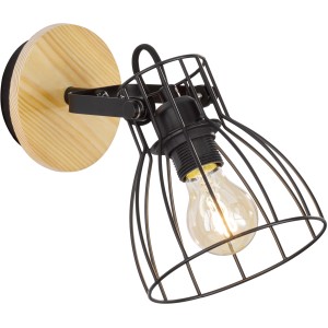 Fischer & Honsel Wandleuchte: Schwarzer Metallkorb, Holz-Element, E27 Fassung, Vintage-Look.