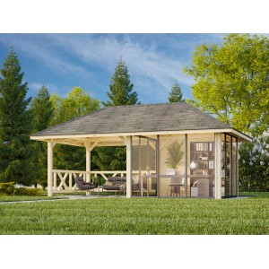 Palmako Pavillon Bianca Set 204 mit Schiebetüren, lackiert weiß, im Garten.