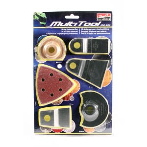 Multitool Zubehör-Set, 20-teilig mit Sägeblättern, Schaber und Schleifpapier.