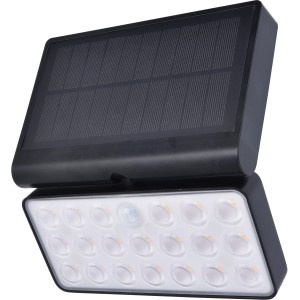 Schwarze Lutec LED Solar-Wandleuchte Tuda mit Bewegungsmelder und Solarpanel.
