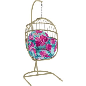 Hängesessel Palmwoods mit Gestell in Grün, mit floralen Kissen. Bequemer Schwebesessel für Garten und Balkon.