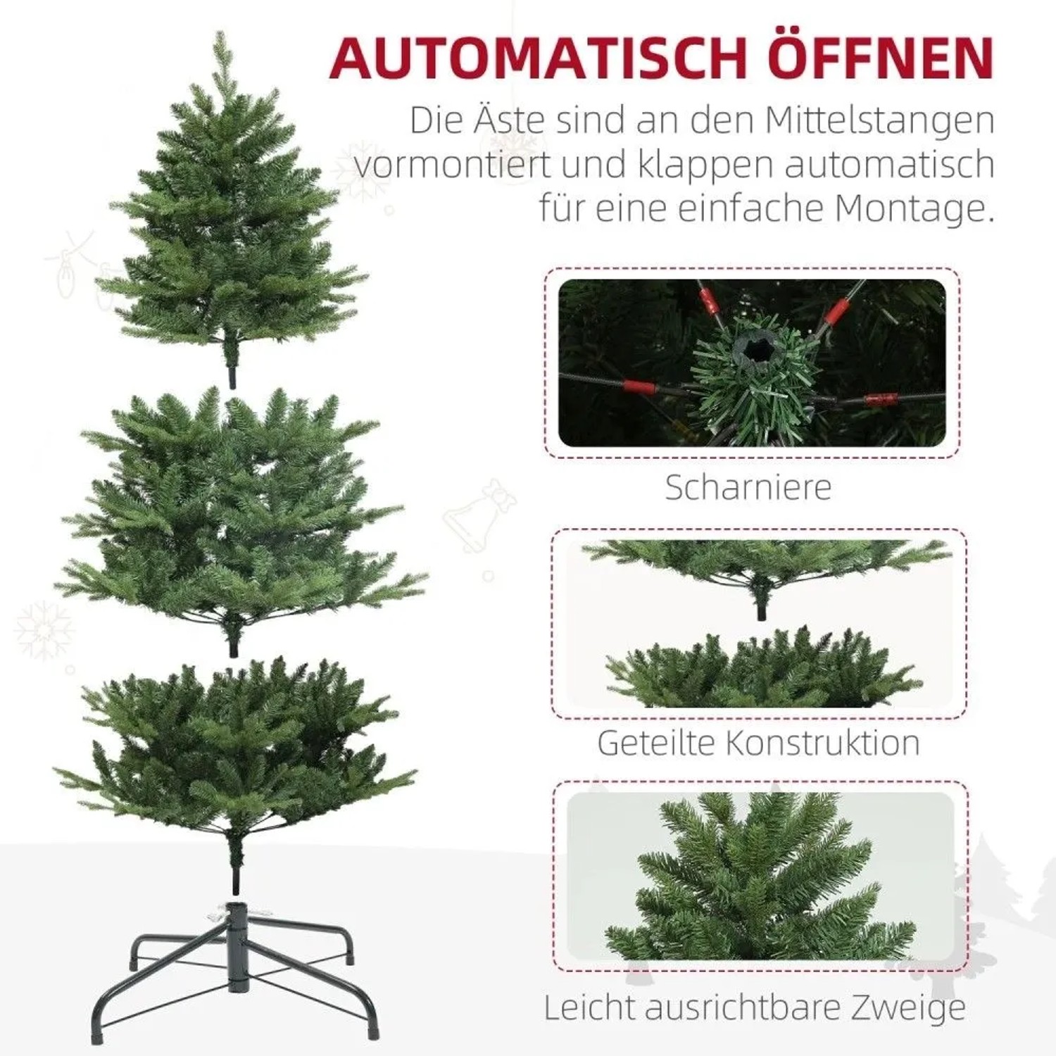 HOMCOM Weihnachtsbaum: Aufbau in Sektionen mit klappbaren Ästen und stabilem Stahlfuß für einfache Montage.