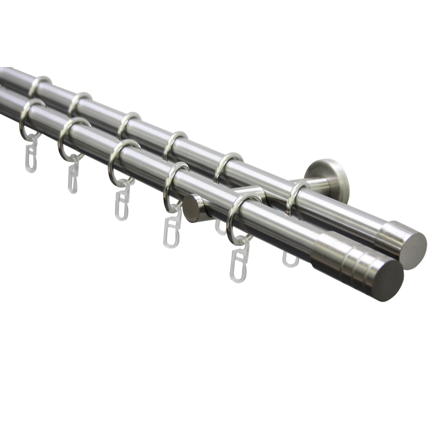 Gardinia Gardinenstangen-Set Zylinder, 2-läufig, Edelstahloptik, 200 cm. Komplettes Set mit Trägern und Ringen.