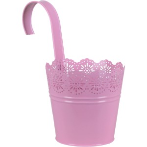 Rosa lackierter Zink-Hängetopf Crown, Ø 15,5 cm, mit dekorativem Rand und Aufhängung.