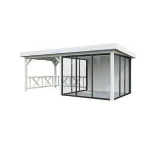 Palmako Pavillon Lenna Set, 588x300 cm, weiß lackiert, mit Schiebetüren und Geländer.