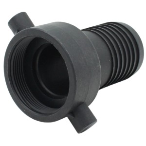 Schwarzer Adapter 56,6 mm für Regentonnen/IBC, IG auf Schlauchtülle 50 mm aus PP.