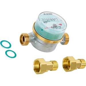 Wasserzähler Warm 110 mm aus Messing mit Zubehör für die Wassermessung im Haushalt.