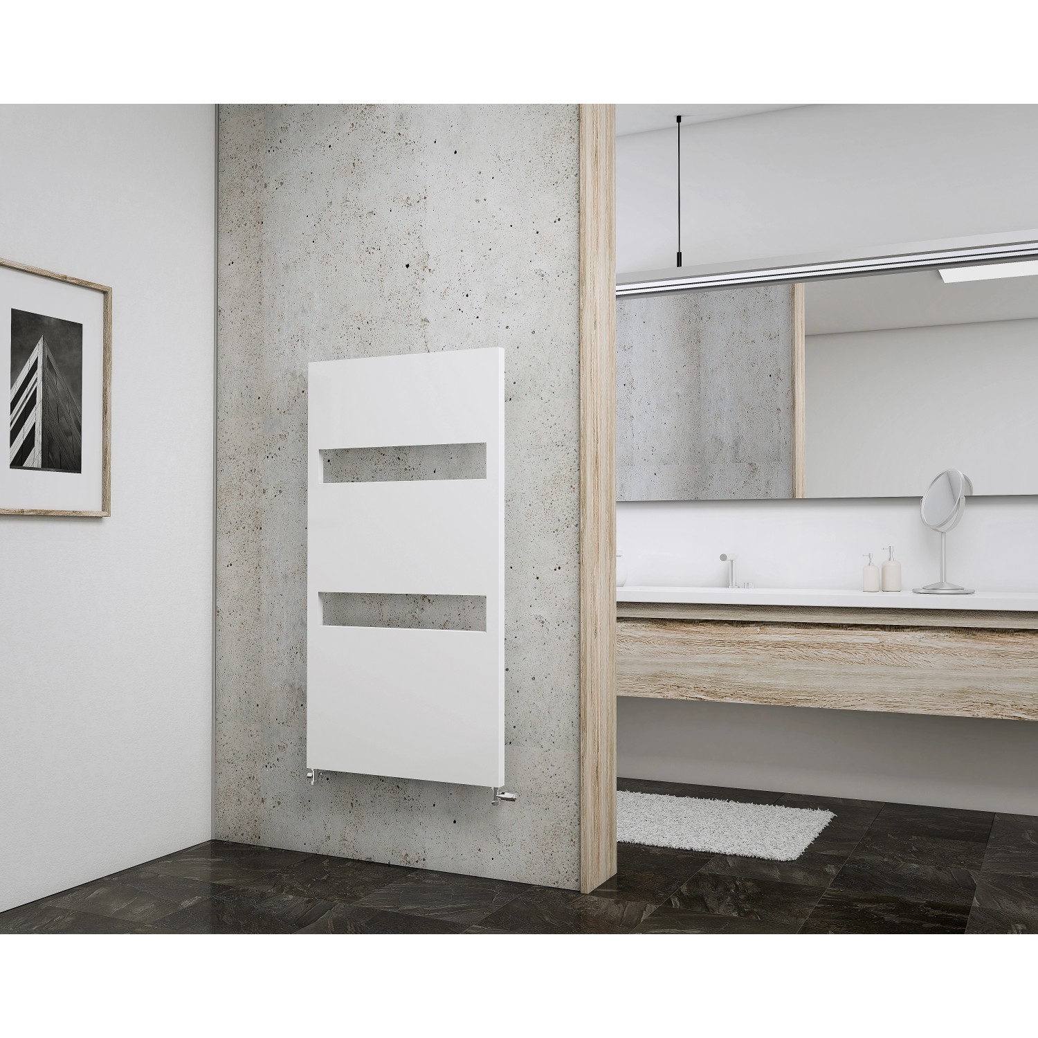 Weißer Schulte Design-Heizkörper Turin (114,3x60,5 cm) mit Anschluss unten im modernen Bad.