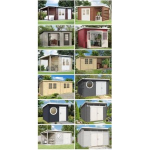 Verschiedene Alpholz Gartenhäuser aus Holz, Pultdach, unbehandelt, verschiedene Größen und Designs.