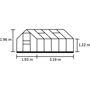 Skizze des Halls Gewächshauses Popular 106 Alu, 6,2 m², mit Maßangaben.
